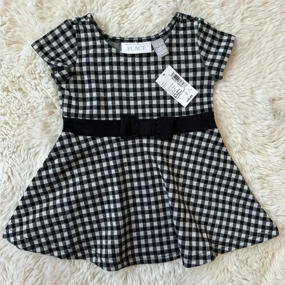 The children’s place 9-12 months black and white plaid shirt with bow - Picture 1 of 3